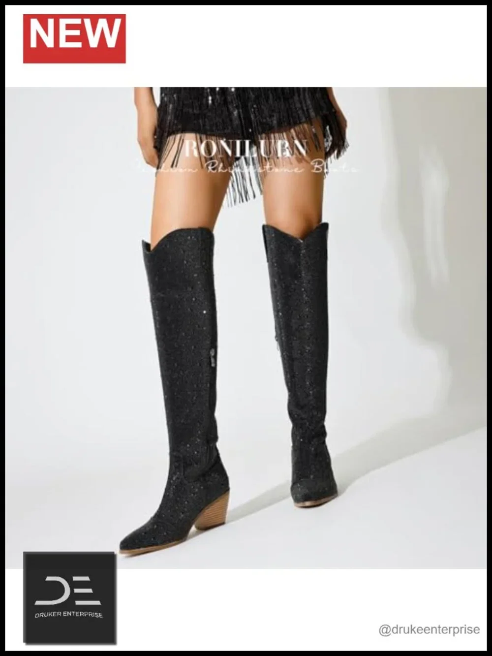 Rhinestone Over the Knee Cowboy Boots Sparkly Cowgirl Western Thigh High Chunky
